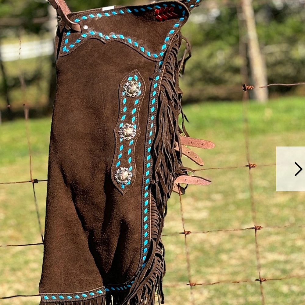 Brown Suede Fringe Western Chaps with Turquoise Stitching